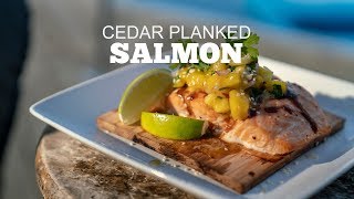 Cedar Planked Bourbon Glazed Salmon With Mango Pineapple Salsa